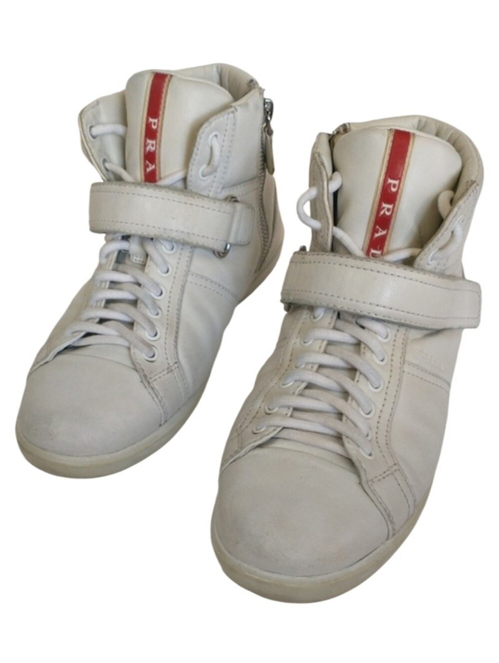 Prada White High-Top Women's Sneakers with Red Logo Stripe. SIZE 36½